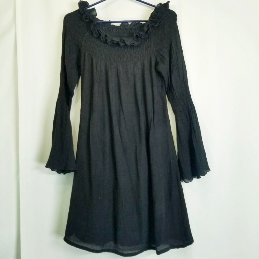 Union of Angels L Dress black smocked bell sleeves off the shoulders silk blend